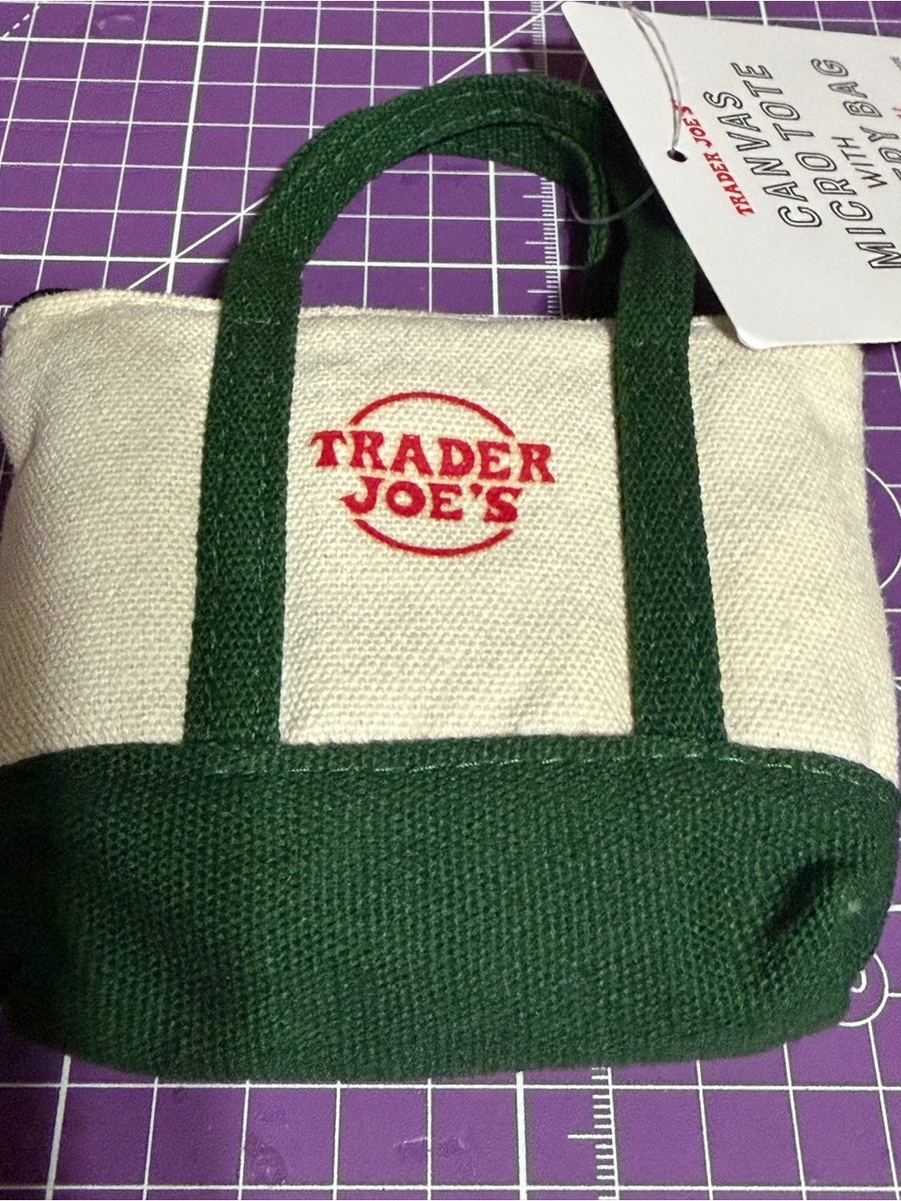 Trader Joe's Canvas Micro Tote - Cream and Forest Green keychain